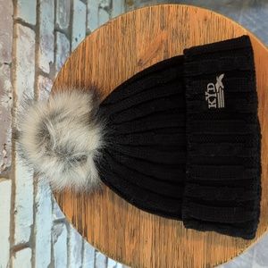 Black Knit Hat with White Fur Pom